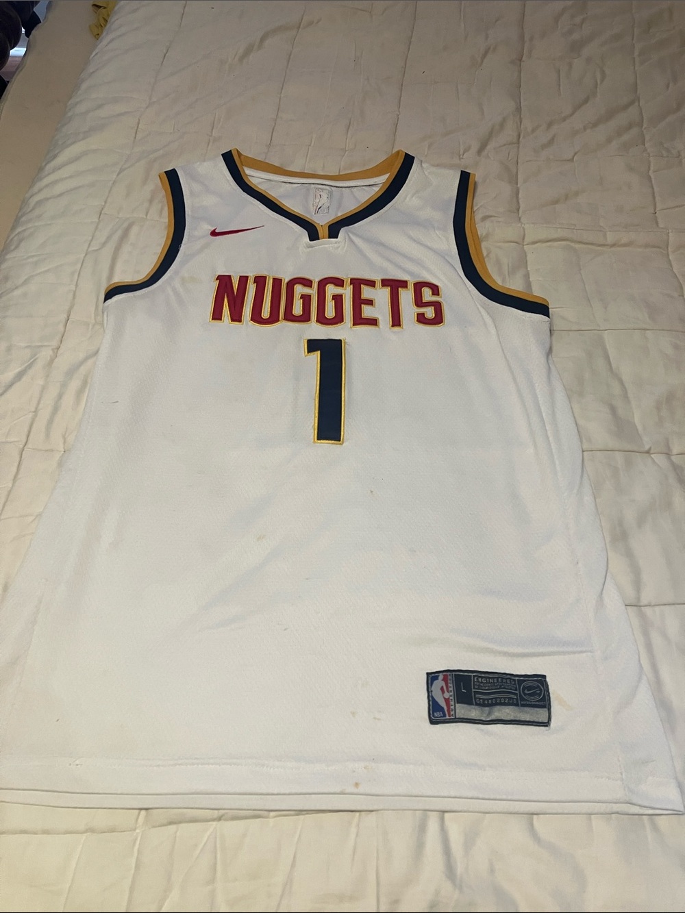 Nike White Denver Nuggets #1 Jersey with Red and Navy Accents